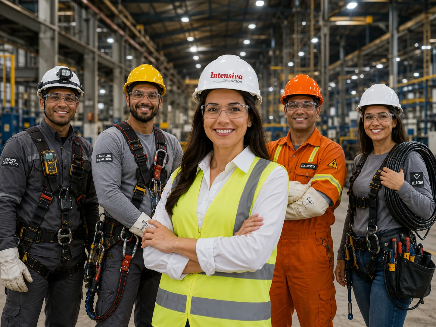 Equipe de especialistas em seguranca do trabalho em canteiro de obras de condominio